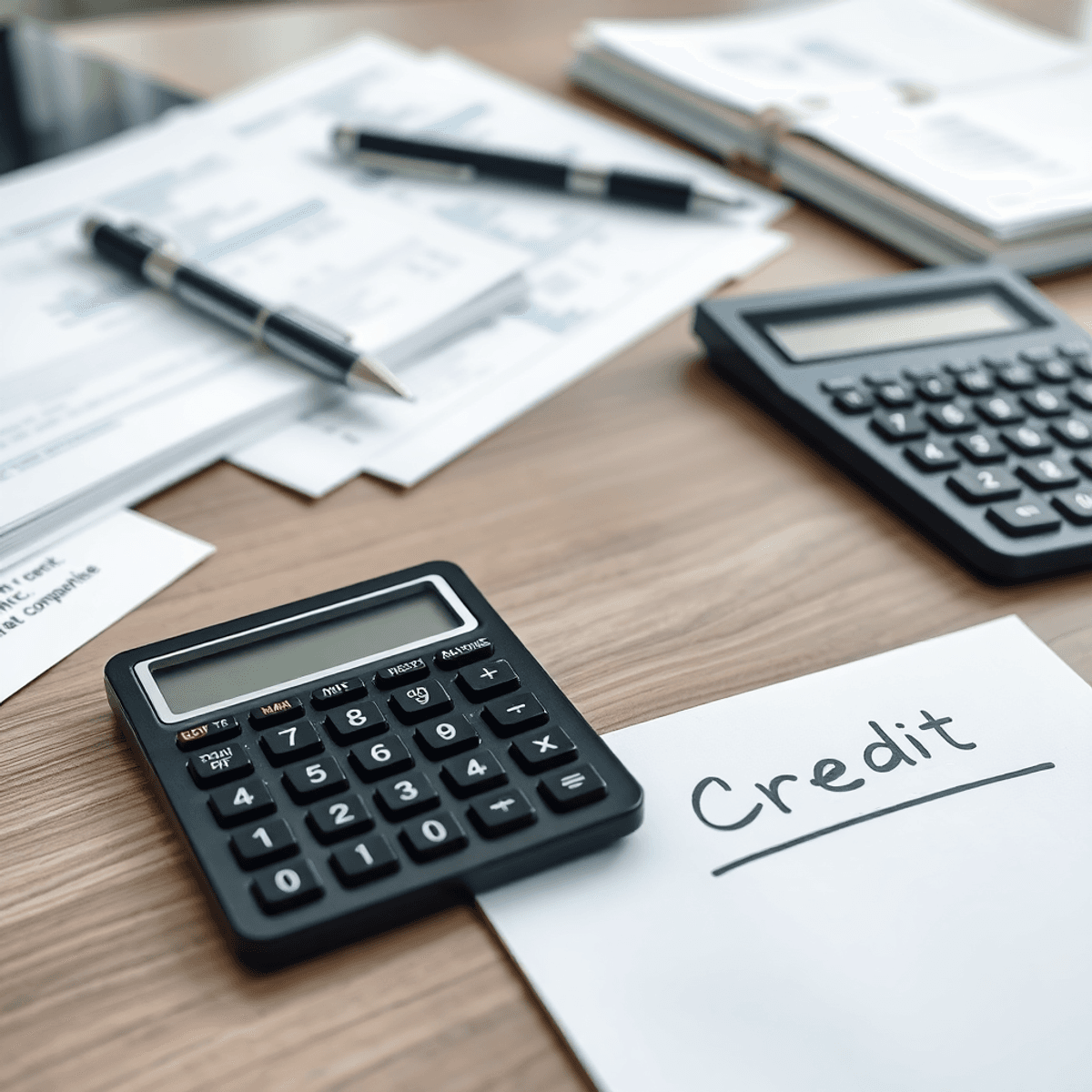 A well-organized office desk with financial documents, a calculator, and a notepad labeled "Credit Disclosure," representing trust and transparency in finance.