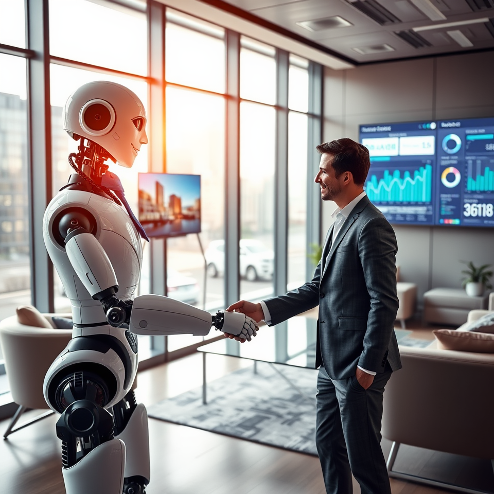 a scene depicting a humanoid robot shaking hands with a commercial real estate broker. The setting captures a modern office environment, highlighting the collaboration between AI and real estate professionals to show the relation AI in Commercial Real Estate